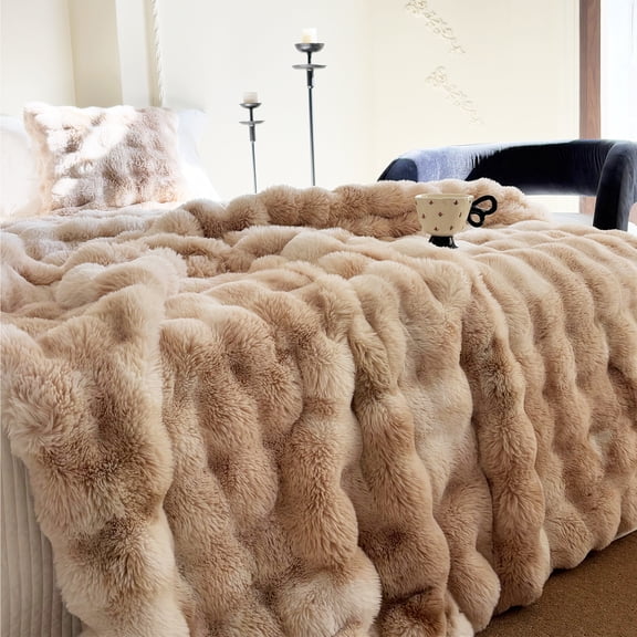 Sanmadrola Throw Blanket Faux Fur for Couch, Fuzzy Soft Plush Thick Bubble Blanket for Sofa Bedroom Living Room 60''x 80'' Tye Die Camel