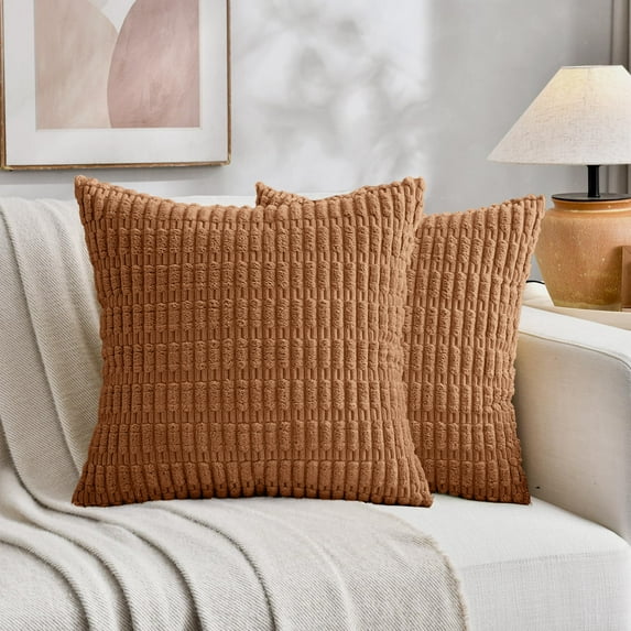 Sanmadrola Throw Pillow Covers 16x16 inch Set of 2 Corduroy Decorative Pillow Cases Couch Pillows Soft Boho Striped Cushion Cases Set for Sofa Living Room Couch Bedroom Car, Dark Rust