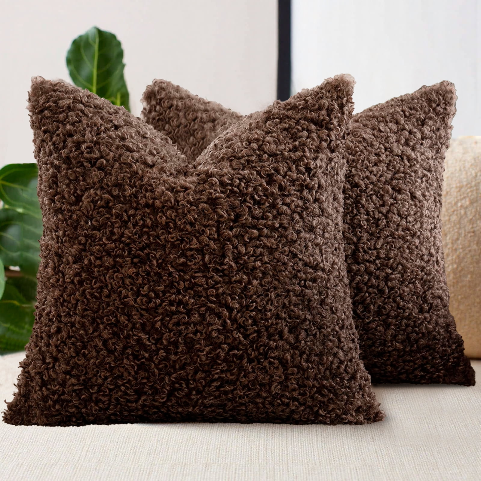 Sanmadrola Decorative Throw Pillow Covers 18" x 18" Set of 2, Teddy Fur Couch Plliowcase Cushion Cover Modern Farmhouse Home Decor, Dark Brown