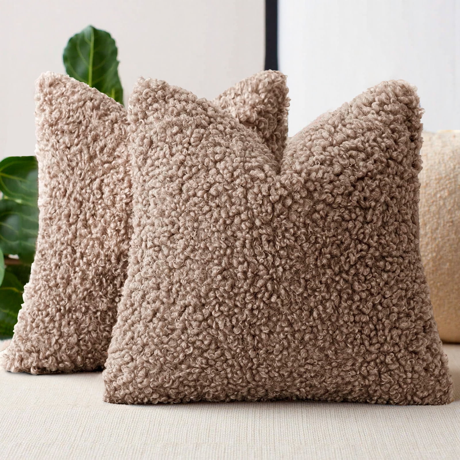Sanmadrola Decorative Throw Pillow Covers 18" x 18" Set of 2, Teddy Fur Couch Plliowcase Cushion Cover Modern Farmhouse Home Decor, Khaki