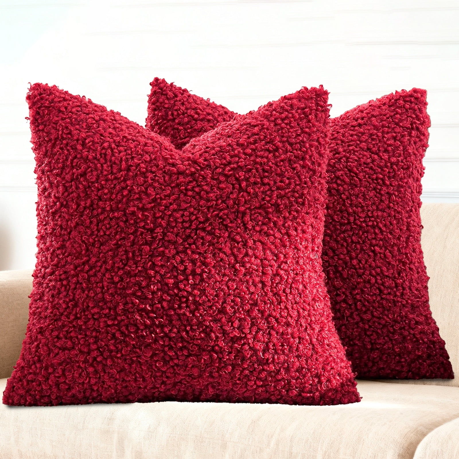 Sanmadrola Decorative Throw Pillow Covers 18" x 18" Set of 2, Teddy Fur Couch Plliowcase Cushion Cover Modern Farmhouse Home Decor, Wine Red