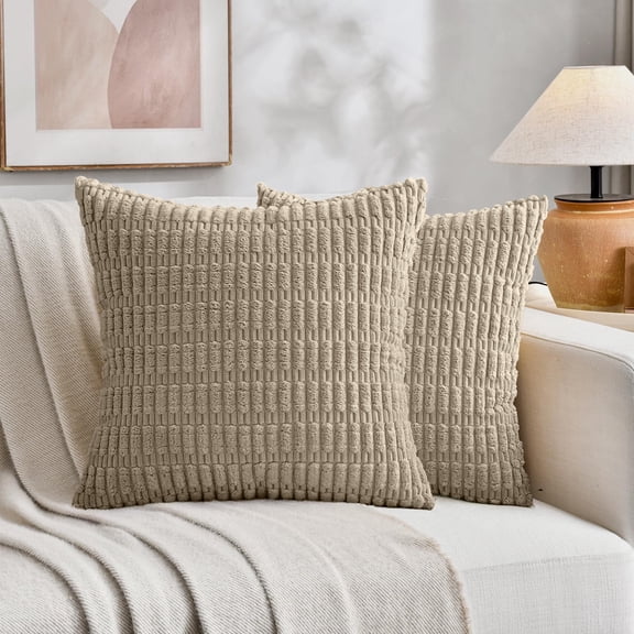Sanmadrola Throw Pillow Covers 18x18 inch Set of 2 Corduroy Decorative Pillow Cases Couch Pillows Soft Boho Striped Cushion Cases Set for Sofa Living Room Couch Bedroom Car, Light Brown
