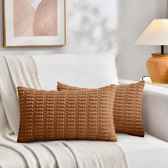 Sanmadrola Throw Pillow Covers 20x12 inch Set of 2 Corduroy Decorative Pillow Cases Couch Pillows Soft Boho Striped Cushion Cases Set for Sofa Living Room Couch Bedroom Car, Dark Rust
