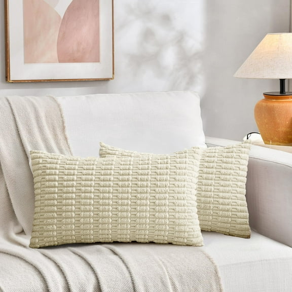 Sanmadrola Throw Pillow Covers 20x12 inch Set of 2 Corduroy Decorative Pillow Cases Couch Pillows Soft Boho Striped Cushion Cases Set for Sofa Living Room Couch Bedroom Car, Cream White