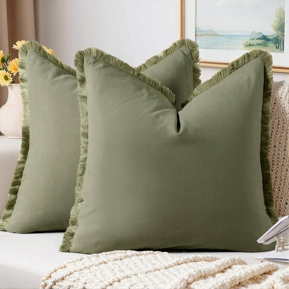 Sanmadrola Throw Pillow Covers Decorative Linen Fringe Cozy Boho Farmhouse Cushion Cover with Tassels Soft Accent Pillowcase for Couch Sofa Bed Living Room Home Decor Indoor Outdoor 2 Set 18X18
