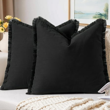 Sanmadrola Throw Pillow Covers Decorative Linen Fringe Throw Pillow Covers Cozy Boho Farmhouse Cushion Cover with Tassels Soft Accent Pillowcase for Couch Sofa Bed Living Room Home Decor 2 Set 18X18