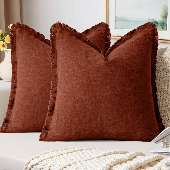 Sanmadrola Throw Pillow Covers Decorative Linen Fringe Throw Pillow Covers Cozy Boho Farmhouse Cushion Cover with Tassels Soft Accent Pillowcase for Couch Sofa Bed Living Room Home Decor 2 Set 18X18