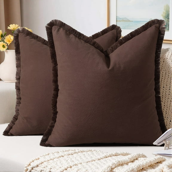 Sanmadrola Throw Pillow Covers Decorative Linen Fringe Throw Pillow Covers Cozy Boho Farmhouse Cushion Cover with Tassels Soft Accent Pillowcase for Couch Sofa Bed Living Room Home Decor 2 Set 18X18