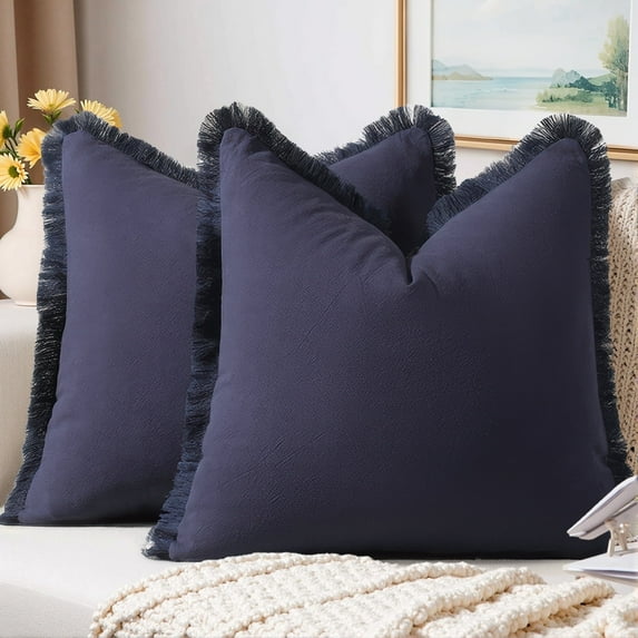 Sanmadrola Throw Pillow Covers Decorative Linen Fringe Throw Pillow Covers Cozy Boho Farmhouse Cushion Cover with Tassels Soft Accent Pillowcase for Couch Sofa Bed Living Room Home Decor 2 Set 18X18