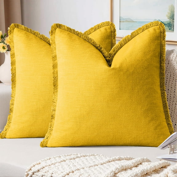 Sanmadrola Throw Pillow Covers Decorative Linen Fringe Throw Pillow Covers Cozy Boho Farmhouse Cushion Cover with Tassels Soft Accent Pillowcase for Couch Sofa Bed Living Room Home Decor 2 Set 18X18