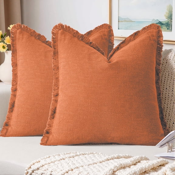 Sanmadrola Throw Pillow Covers Decorative Linen Fringe Throw Pillow Covers Cozy Boho Farmhouse Cushion Cover with Tassels Soft Accent Pillowcase for Couch Sofa Bed Living Room Home Decor 2 Set 18X18