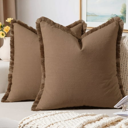 Sanmadrola Throw Pillow Covers Decorative Linen Fringe Throw Pillow Covers Cozy Boho Farmhouse Cushion Cover with Tassels Soft Accent Pillowcase for Couch Sofa Bed Living Room Home Decor 2 Set 18X18