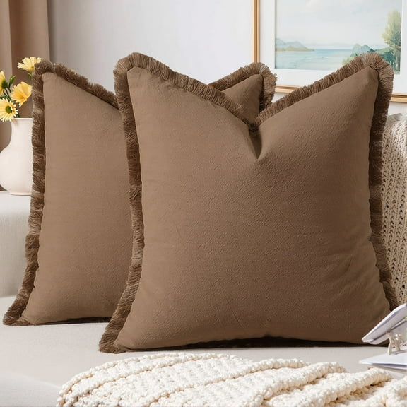 Sanmadrola Throw Pillow Covers Decorative Linen Fringe Throw Pillow Covers Cozy Boho Farmhouse Cushion Cover with Tassels Soft Accent Pillowcase for Couch Sofa Bed Living Room Home Decor 2 Set 18X18