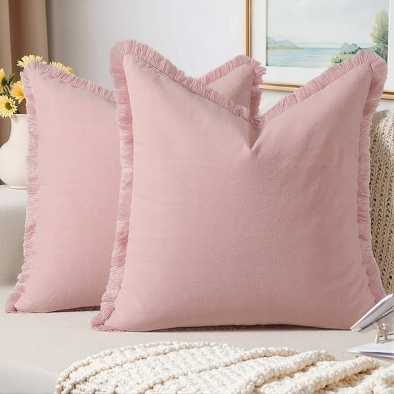 Sanmadrola Throw Pillow Covers Decorative Linen Fringe Throw Pillow Covers Cozy Boho Farmhouse Cushion Cover with Tassels Soft Accent Pillowcase for Couch Sofa Bed Living Room Home Decor 2 Set 18X18