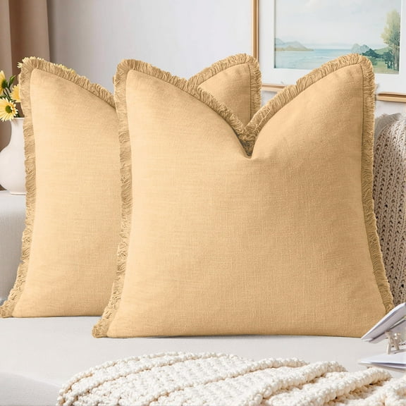 Sanmadrola Throw Pillow Covers Decorative Linen Fringe Throw Pillow Covers Cozy Boho Farmhouse Cushion Cover with Tassels Soft Accent Pillowcase for Couch Sofa Bed Living Room Home Decor 2 Set 18X18