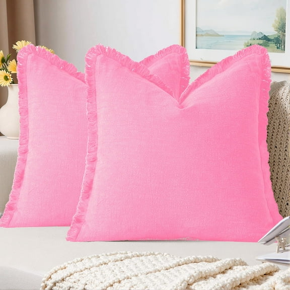 Sanmadrola Throw Pillow Covers Decorative Linen Fringe Throw Pillow Covers Cozy Boho Farmhouse Cushion Cover with Tassels Soft Accent Pillowcase for Couch Sofa Bed Living Room Home Decor 2 Set 18X18