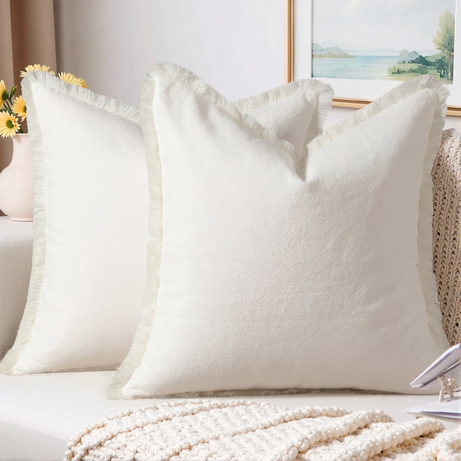 Sanmadrola Throw Pillow Covers Decorative Linen Fringe Throw Pillow Covers Cozy Boho Farmhouse Cushion Cover with Tassels Soft Accent Pillowcase for Couch Sofa Bed Living Room Home Decor 2 Set 18X18 - Walmart.com
