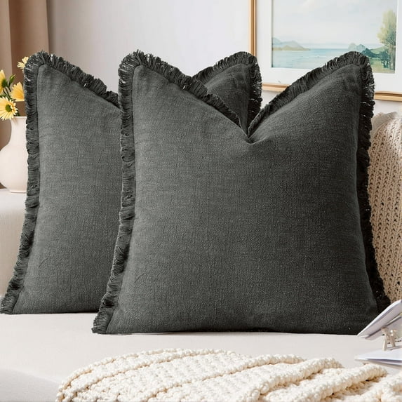 Sanmadrola Throw Pillow Covers Decorative Linen Fringe Throw Pillow Covers Cozy Boho Farmhouse Cushion Cover with Tassels Soft Accent Pillowcase for Couch Sofa Bed Living Room Home Decor 2 Set 18X18