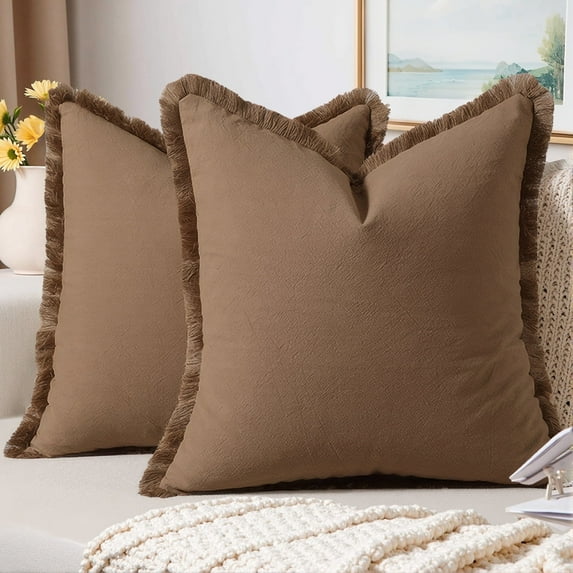Sanmadrola Throw Pillow Covers Decorative Linen Fringe Throw Pillow Covers Cozy Boho Farmhouse Cushion Cover with Tassels Soft Accent Pillowcase for Couch Sofa Bed Living Room Home Decor 2 Set 18X18