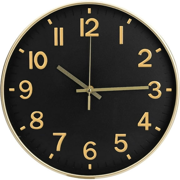 Sanmadrola Wall Clocks Battery Operated,12 inch Silent Non Ticking Modern Wall Clock for Living Room Bedroom Kitchen Office Classroom Decor Glass Front Black with Champagne Frame