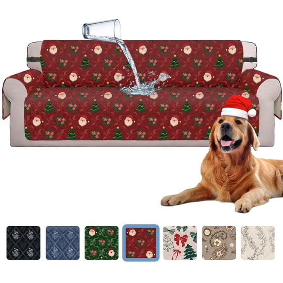 Sanmadrola Christmas Sofa Cover Waterproof Slipcover Couch Cover Furniture Protector Machine Washable Non Slip Leakproof with Straps for Dogs Kids Pets Christmas Indoor Decoration Burgundy Sofa