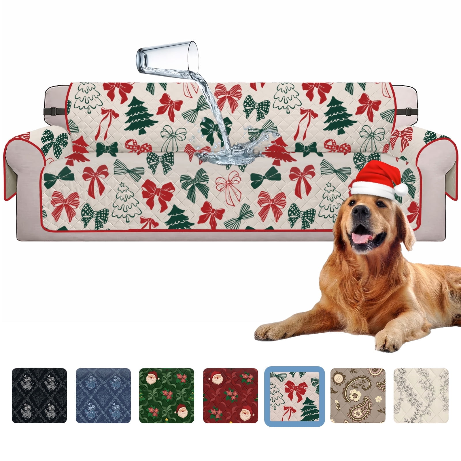 Sanmadrola Christmas Sofa Cover Waterproof Slipcover Couch Cover Furniture Protector Machine Washable Non Slip Leakproof with Straps for Dogs Kids Pets Christmas Indoor Decoration Bow Oversized Sofa