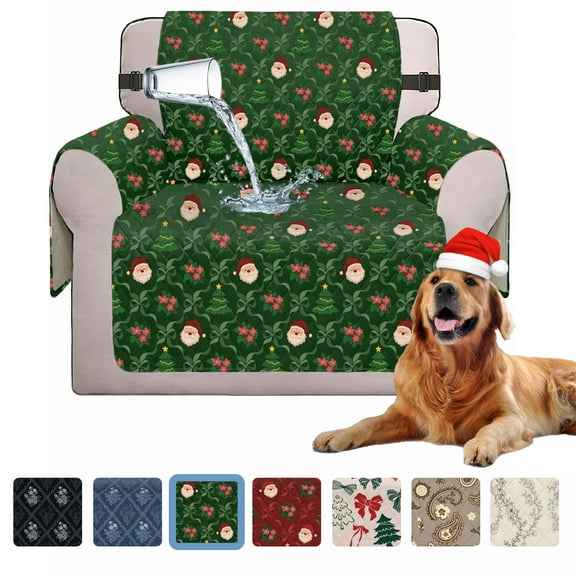 Sanmadrola Christmas Sofa Cover Waterproof Slipcover Couch Cover Furniture Protector Machine Washable Non Slip Leakproof with Straps for Dogs Kids Pets Christmas Indoor Decoration Green Santa Chair