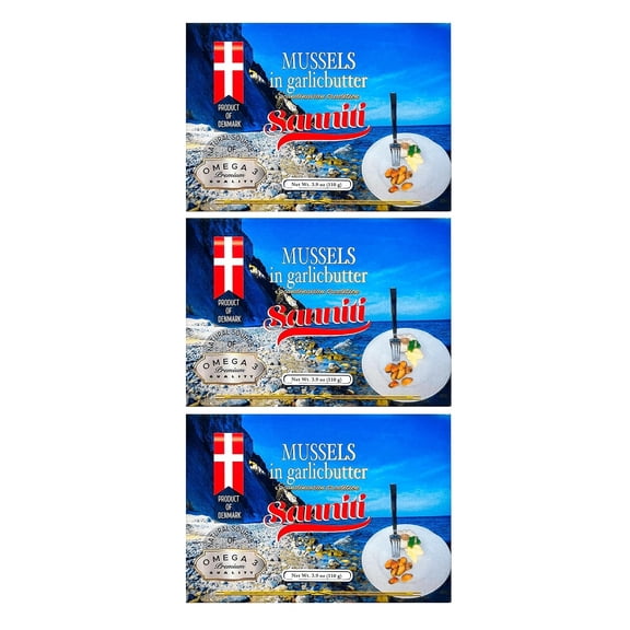 Sanniti Mussels in Garlic Butter, Natural Source of Omega 3, Just Heat and Serve, 3.9 oz Cans, Pack of 3