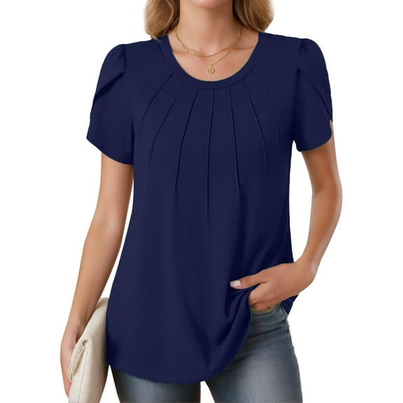Sanopy Blouses for Women Short Sleeve Shirts Casual Dressy Summer Tops with Pleats