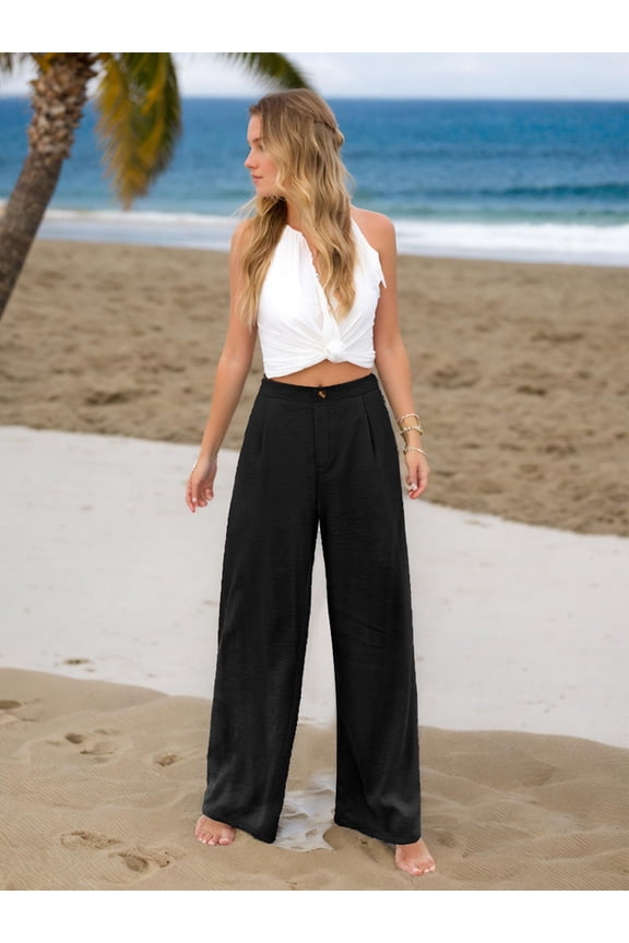 Womens Casual Wide Leg Pants High Waisted Button Down Straight Long Trousers Palazzo Pants