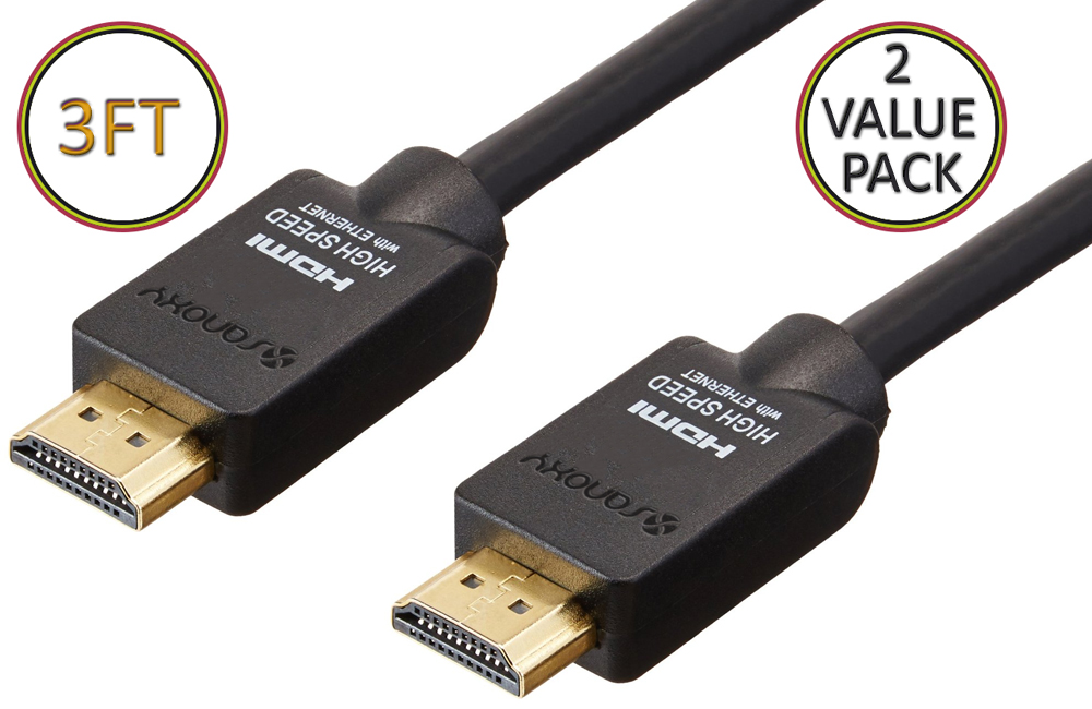 Sanoxy Cable HDMI Premium de Alto Rendimiento de 3 pies HDMI a HDMI con Conectores Dorados para TV 4K, PS3/PS4 y Xbox 3 pies (Paquete de 2)