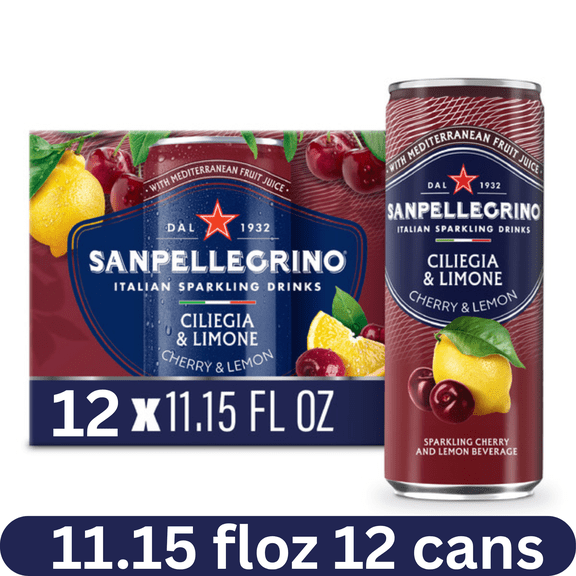 Sanpellegrino Cherry Lemon Sparkling Water, 11.15 fl oz Cans, 12-Pack, Refreshing Italian Fruit Beverage
