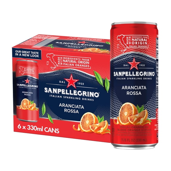 Sanpellegrino Italian Sparkling Drink Aranciata Rossa, Sparkling Orange and Blood Orange Beverage, 6 Pack of Cans 66.9 fl oz