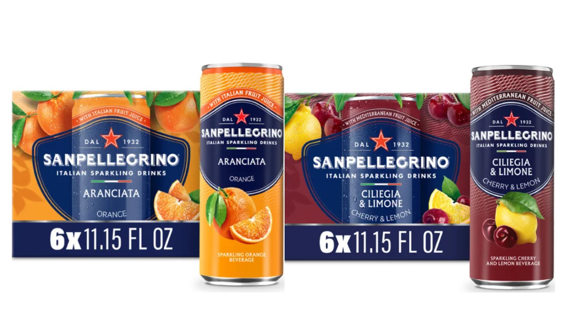Sanpellegrino Italian Sparkling Drink Variety Pack, Ciliegia & Limone and Aranciata Orange, 11.15 fl oz Cans, 12 Pack