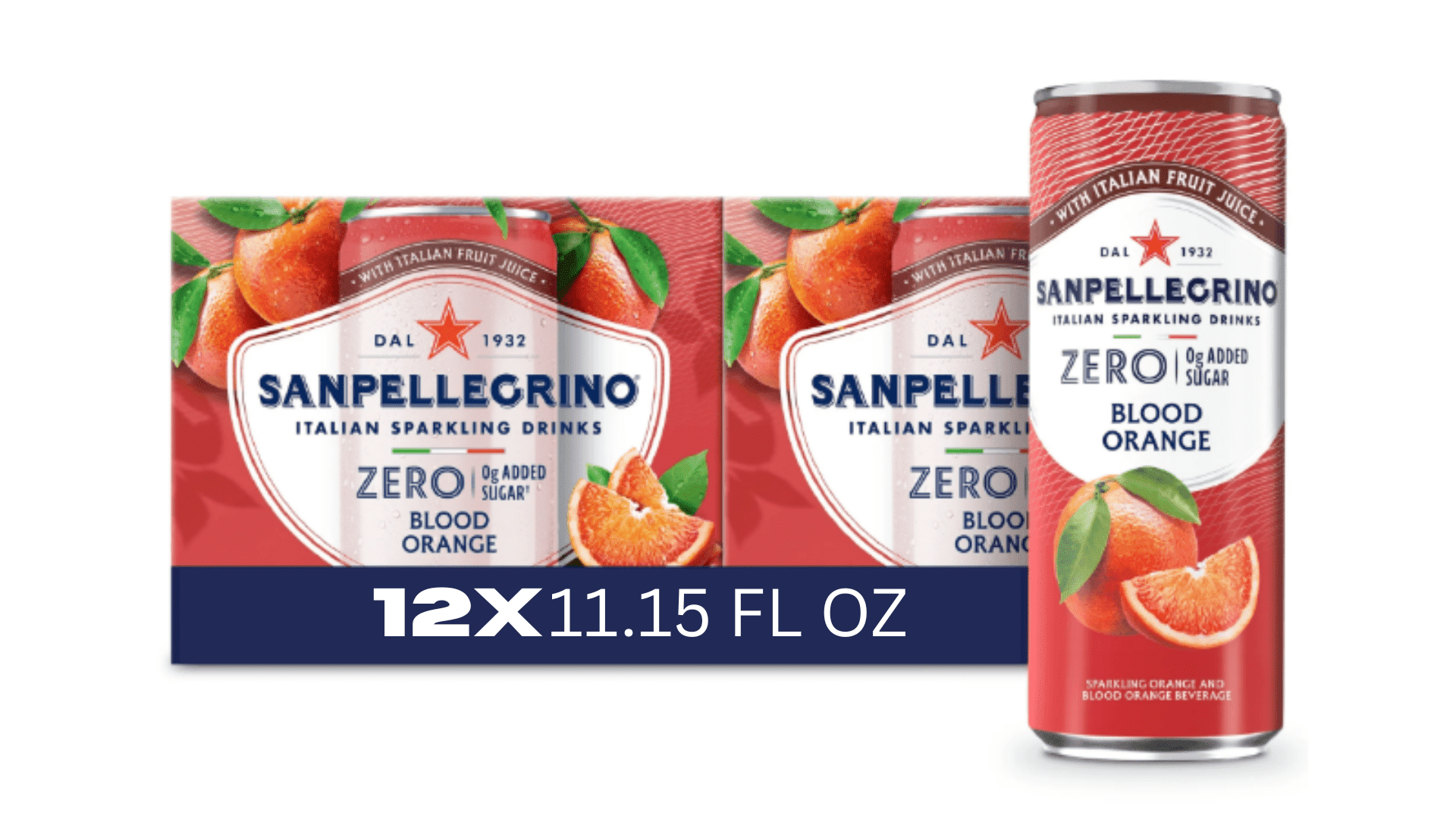 Sanpellegrino Italian Sparkling Drink, Zero Sugar, Aranciata Rossa, Orange & Blood Orange, 12 Cans