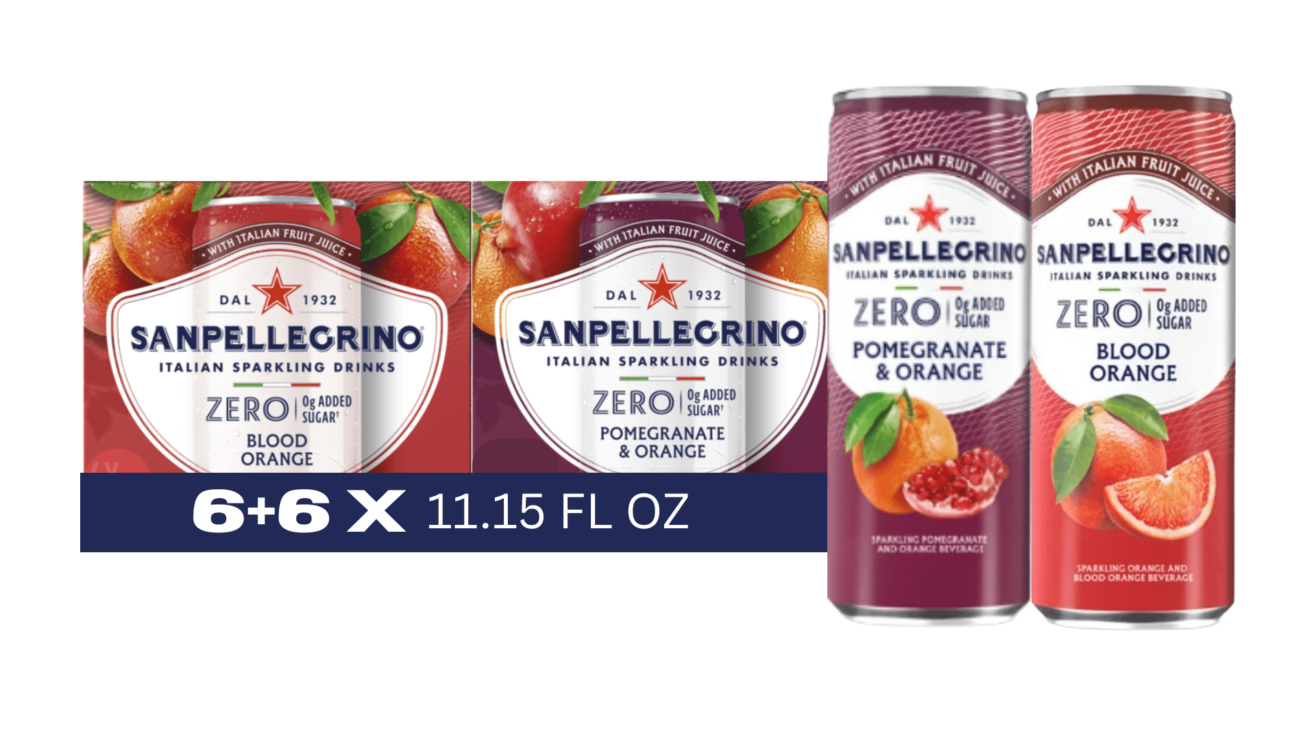 Sanpellegrino Italian Sparkling Drink Zero Sugar Variety Pack, Blood Orange & Pomegranate Orange, 11.15 fl oz Cans, 12 Pack
