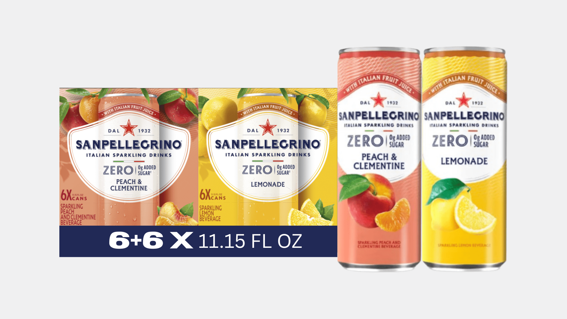 Sanpellegrino Italian Sparkling Drink Zero Sugar Variety Pack Peach & Clementine and Lemonade Variety Pack, 11.15 fl oz Cans, 12 Pack