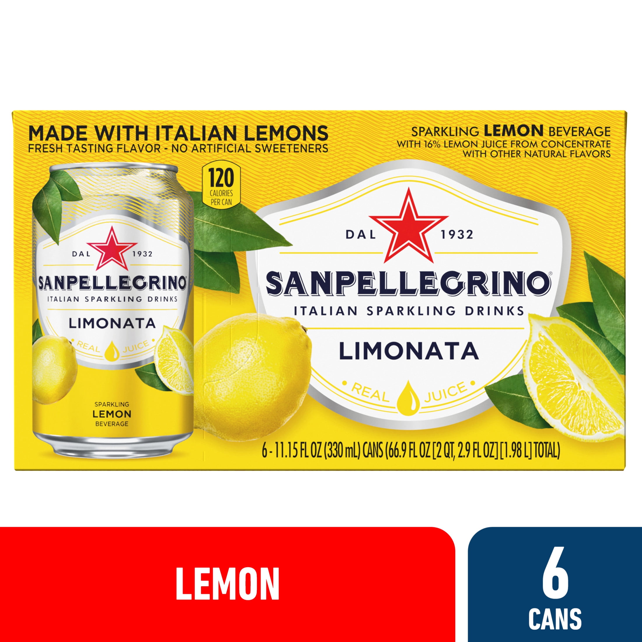 Sanpellegrino Lemon Italian Sparkling Drinks, 66.9 fl oz, 6 Pack Cans