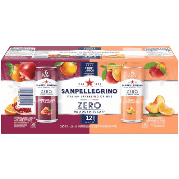 Sanpellegrino Zero Italian Sparkling Drinks, Pomegranate & Orange and Peach & Clementine, 11.15 fl oz (12 Pack)
