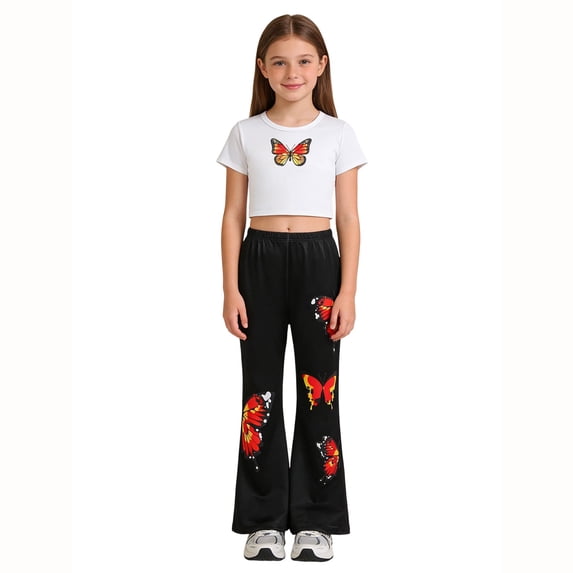 Sanphen Toddler Girls Outfit Set Summer Dailywear Casual Comfortable Girl 2 Pieces Set Crew Neck Short Sleeve Butterfly Print Crop Tops With Flared Pants,Size 7-8 Years,White