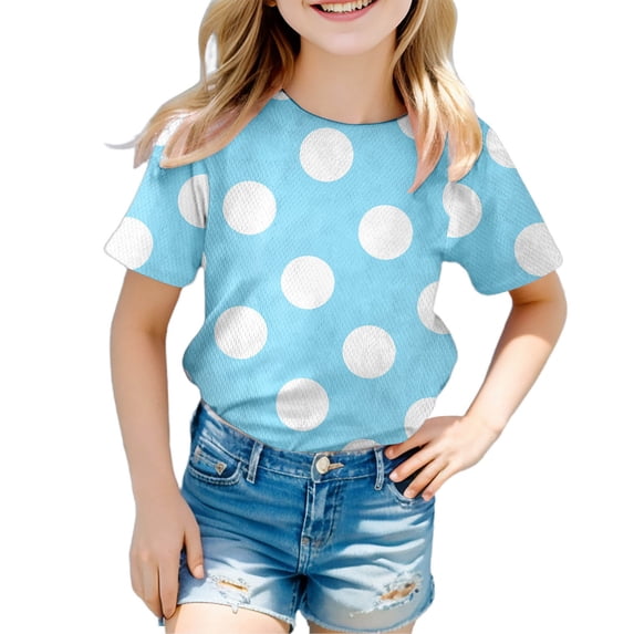Sanphen Tops For Girls Polka Dot Print Tshirts Short Sleeve Crew Neck Summer School Dailywear Casual Lightweight Girls Tees,Size 9-10 Years,Light Blue