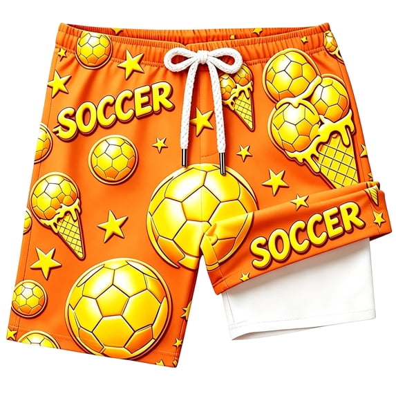 Sanphen Youth Boys Swim Trunks With Liner Quick Dry Elastic Waist Swim Shorts Soccer Print Summer Beach Pool Boys Bathing Suit,Size 11-12 Years,Orange