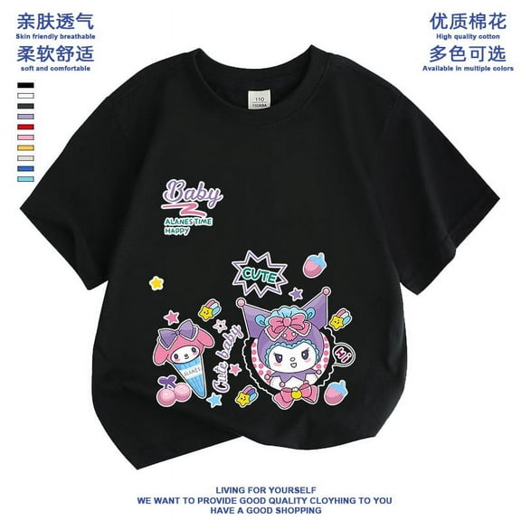 Sanrio 2024 New Cotton T-Shirt Girls and Boys Summer Round Neck Casual Top Cartoon Versatile Half-Sleeved Kuromi Cute Gift
