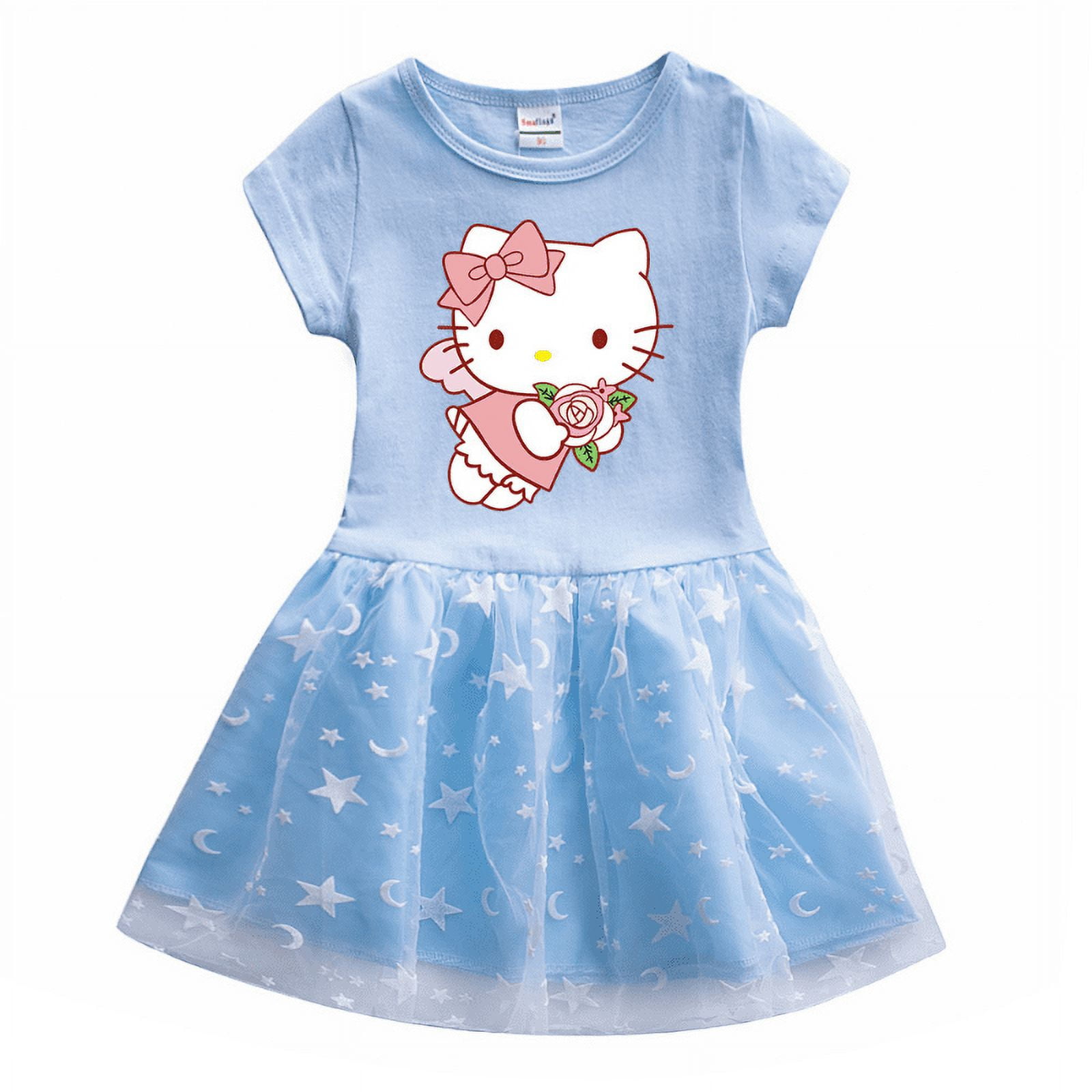 Sanrio 2024 Summer Girls Dress Cotton Cartoon Hello Kitty Splicing