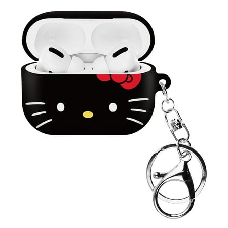 Sanrio AirPods Pro Case Key Ring Keychain Key Holder Hard PC Shell Strap Hole Cover - Face Hello Kitty Black