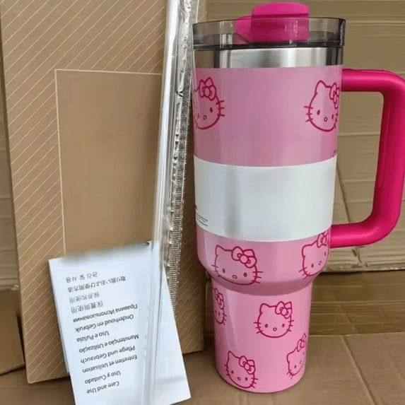 Sanrio Anime Cup Handle Straw Lid Hello Kitty Stainless Steel 40Oz Portable Car Mug Kuromi Travel Coffee Cup Student Cute Gift