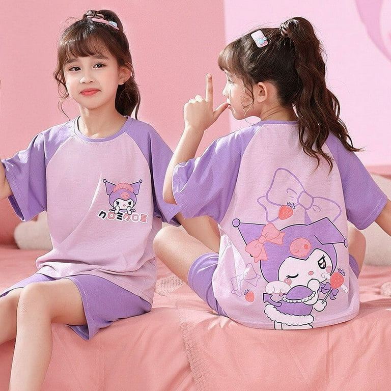 Sanrio Anime Melody Hello Kitty Cinnamoroll Kuromi Children Pajamas Girl  Boy Short Sleeve T Shirt Shorts Suit Casual Clothing 
