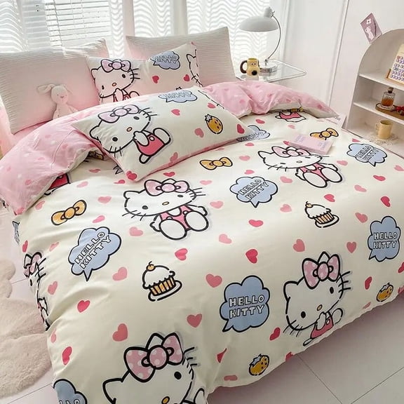 Sanrio Cartoon Hello Kitty Cotton Bed Four-piece Set Cute Princess Style Cotton Bed Sheet Quilt Cover Three-piece Set