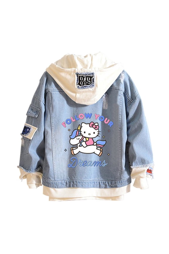 Sanrio Cartoon Hello Kitty Denim Jacket Autumn New Commuting Creativity Hooded Sweatshirt Loose Coat