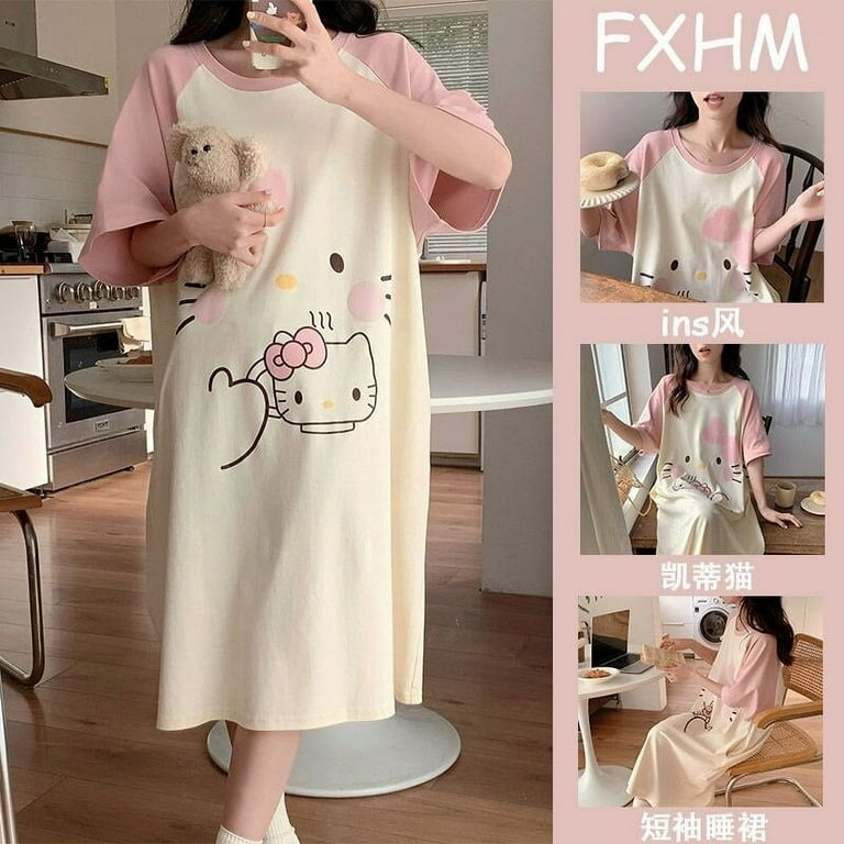 Sanrio Cartoon Summer Cute Dress Women Hello Kitty Short Sleeve Sleepshirts Medium Long Style Nightgowns Y2k Soft Home Clothes Walmart